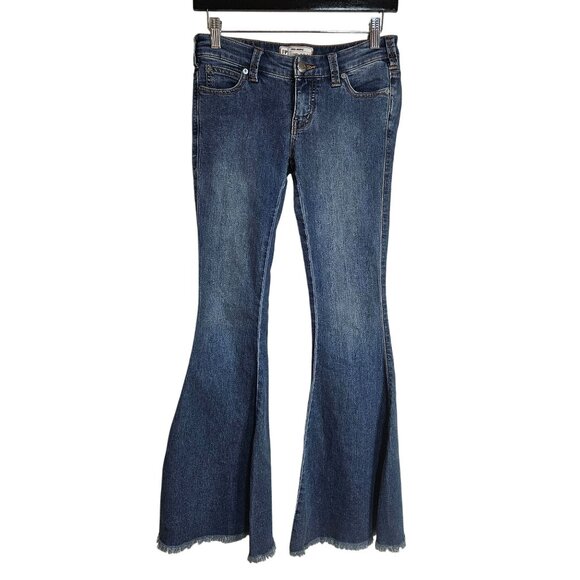 Boho Free People Flare Jeans With Frayed Hem Womens W25 Short Dark Wash Denim - Picture 1 of 16
